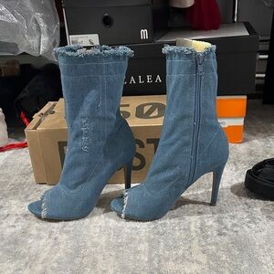 Wild Diva Blue Denim Peep-Toe Heeled Boots
